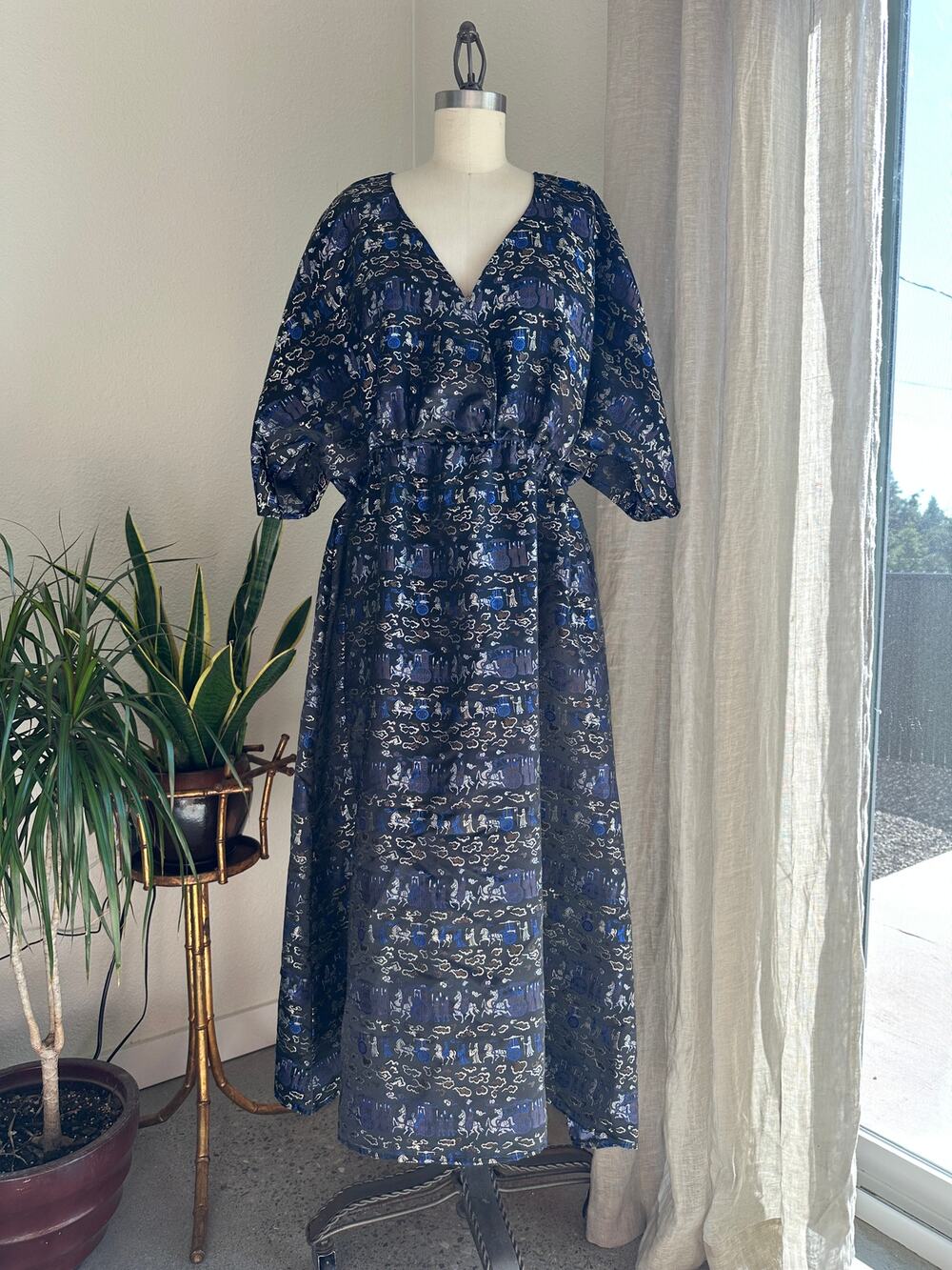 Women's L Dress Navy Blue Chinese Brocade Printed Puff Sleeve Vintage